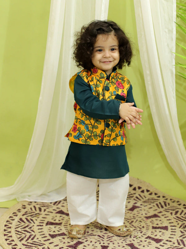 Kalamkari Print Jacket with Kurta Pajama for Boys- Yellow | WOMENSFASHIONFUN.
