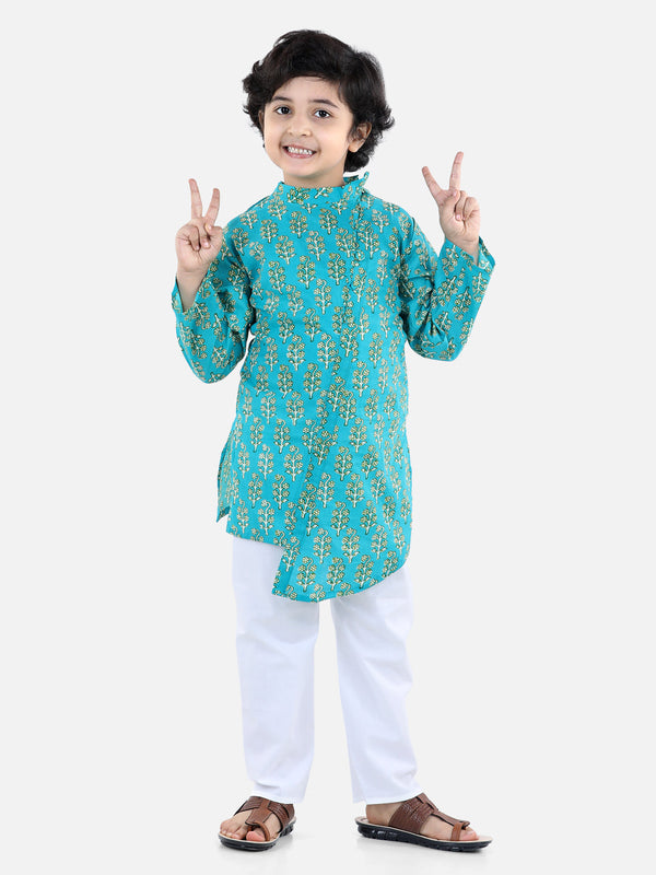 Boys Cotton Floral printed Asymmetric Front Open Kurta Pajama- Green | WOMENSFASHIONFUN.