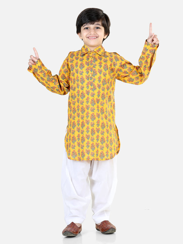 Printed Cotton Full Sleeve Pathani Salwar Set for Boys- Yellow | WOMENSFASHIONFUN.