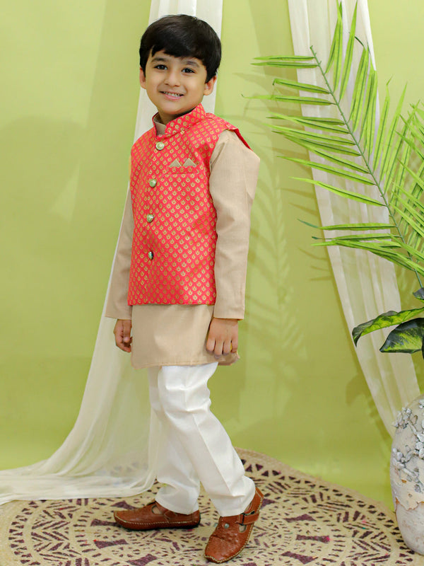 Boys Ethnic Fetive Wear Jacquard Nehru Jacket with Cotton Kurta Pajama Sets Coral | WOMENSFASHIONFUN.