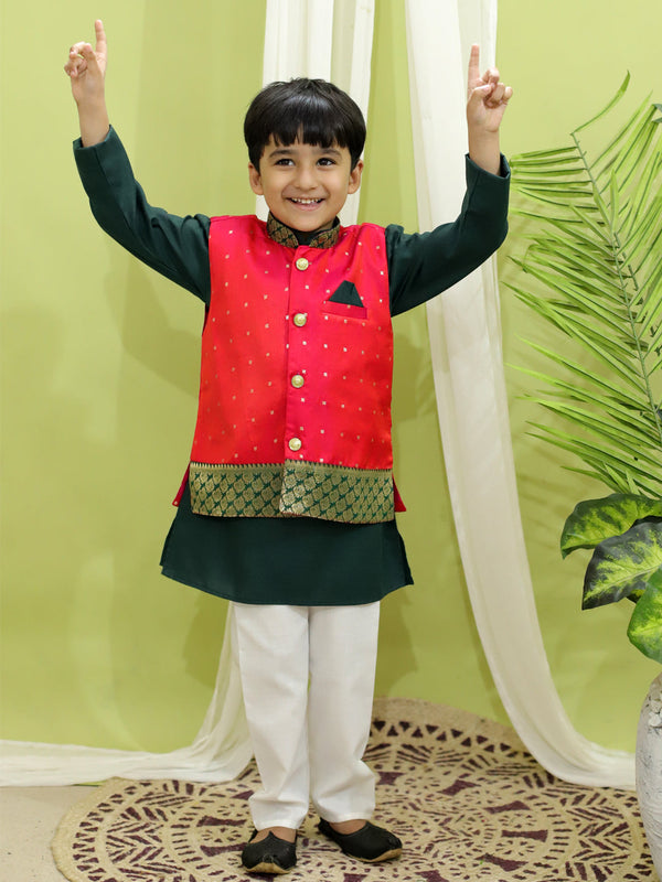 Ethnic Festive Wear Silk Jacket with Cotton Kurta Pajama for Boys- Pink | WOMENSFASHIONFUN.