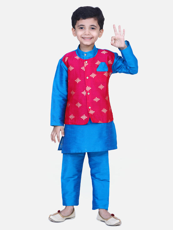 Boys Ethnic Wear Attached Chiffon printed Jacket Full Sleeve Kurta Pajama- Blue | WOMENSFASHIONFUN.