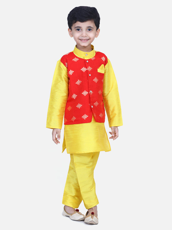 Boys Ethnic Wear Attached Chiffon printed Jacket Full Sleeve Kurta Pajama- Yellow | WOMENSFASHIONFUN.