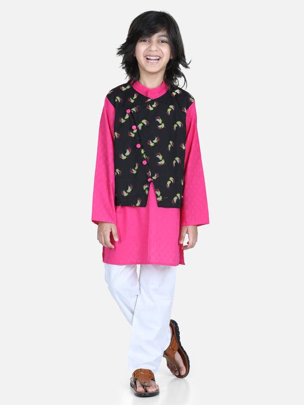 Boys Ethnic Festive Wear Cotton Attached Floral Jacket Kurta Pajama - Black | WOMENSFASHIONFUN.