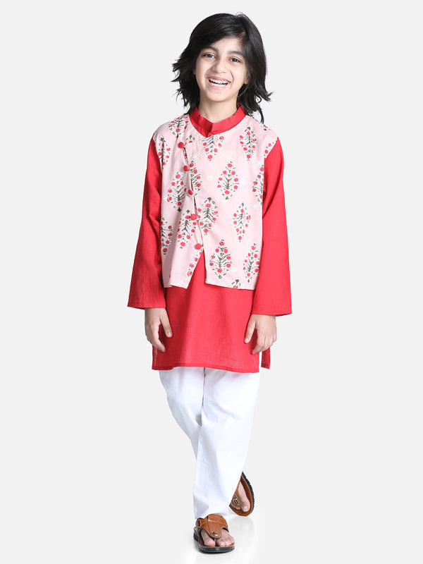 Boys Ethnic Festive Wear Cotton Attached Floral Jacket Kurta Pajama - Peach | WOMENSFASHIONFUN.