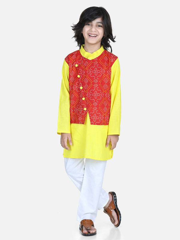 Boys Ethnic Festive Wear Cotton Attached Floral Jacket Kurta Pajama - Red | WOMENSFASHIONFUN.
