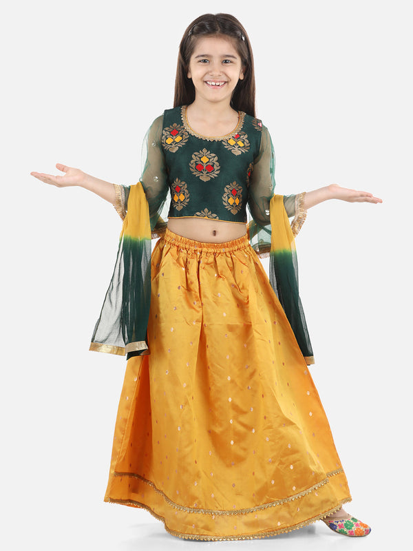 Girls Ethnic Festive Wear Jacquard Flared Sleeve Top with Silk Lehenga with Dupatta- Green | WOMENSFASHIONFUN.