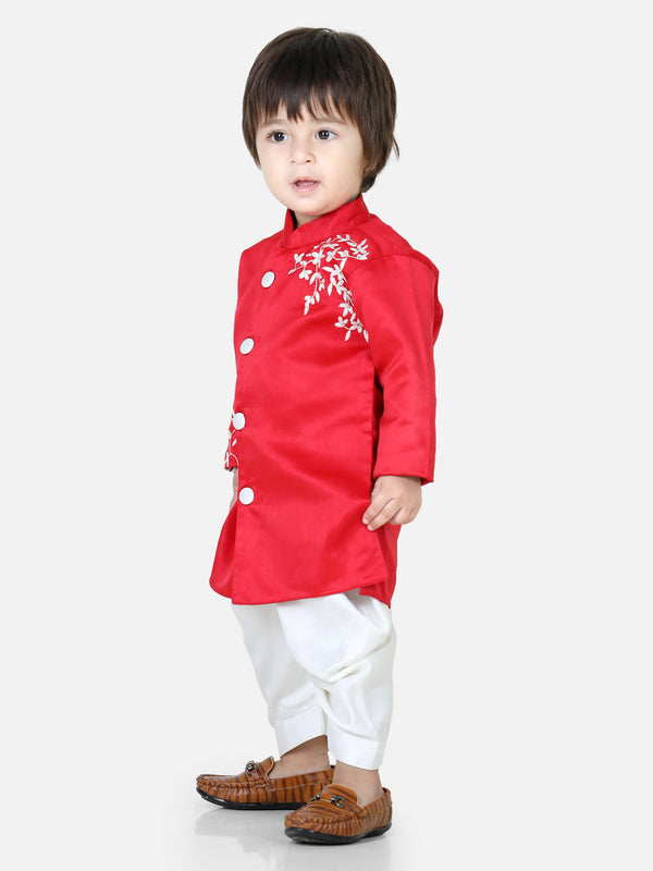 Hand Embroidered Jam Cotton Sherwani Salwar For Boys- Red | WOMENSFASHIONFUN.
