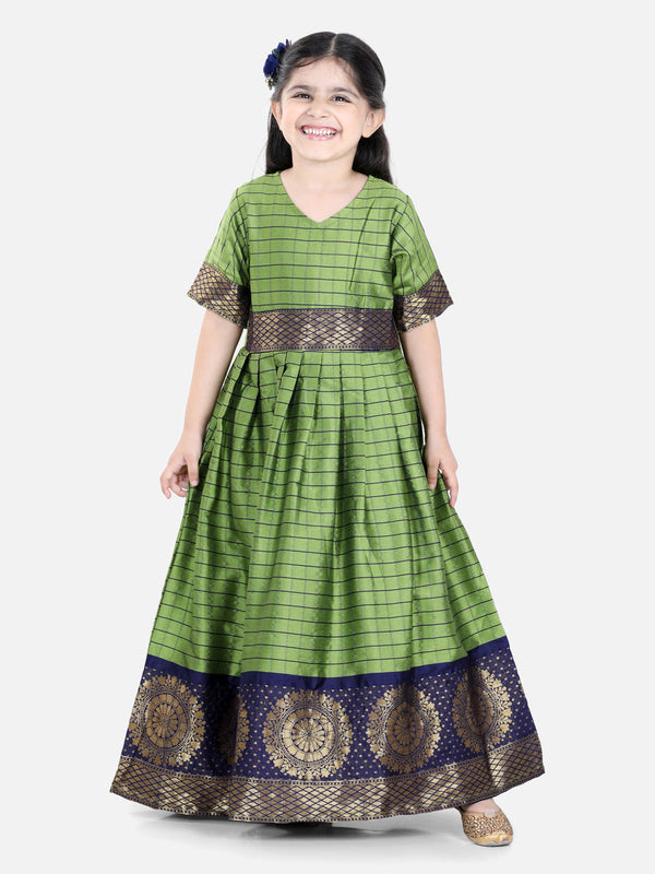 Girls Silk South Indian Party Long Dress - Green | WOMENSFASHIONFUN.