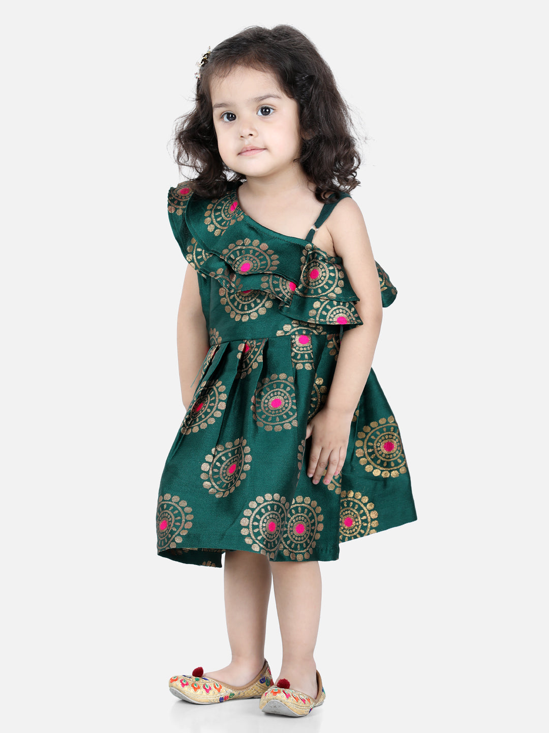 One Shoulder Frill Jacquard Frock Party Dress For Girls- Greenwomensfashionfun