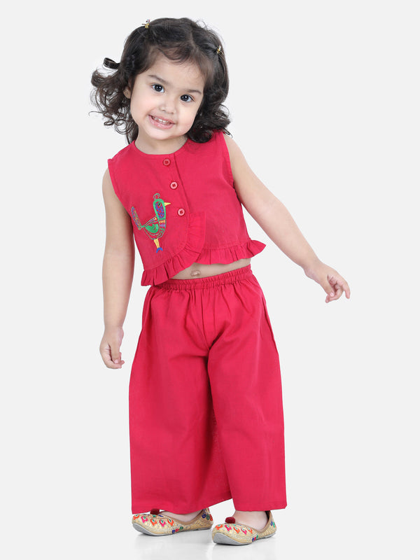 Girls Cotton Bird Embroidered Top Palazzo indo Western Clothing Pink | WOMENSFASHIONFUN.