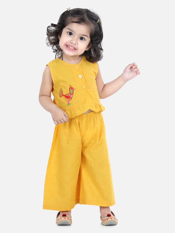Girls Cotton Bird Embroidered Top Palazzo indo Western Clothing -Yellow | WOMENSFASHIONFUN.