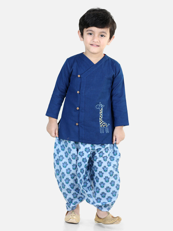 100% Cotton Embroidery Kurta with Printed Dhoti for Boys- Blue | WOMENSFASHIONFUN.