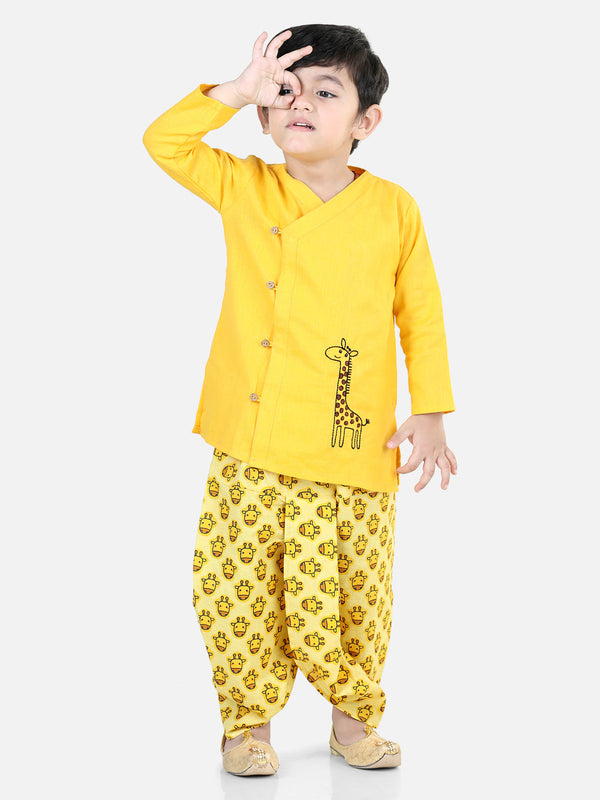 100% Cotton Embroidery Kurta with Printed Dhoti for Boys- Yellow | WOMENSFASHIONFUN.