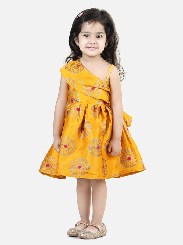 One Shoulder Frill Jacquard Frock Party Dress For Girls- Yellow | WOMENSFASHIONFUN.