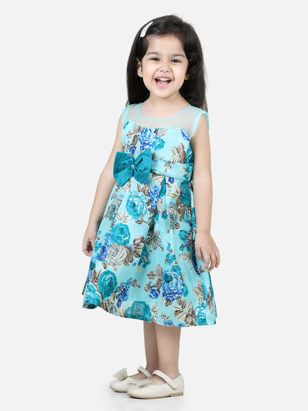 Round Neck Floral Print Party Frock and Dresses Blue | WOMENSFASHIONFUN.
