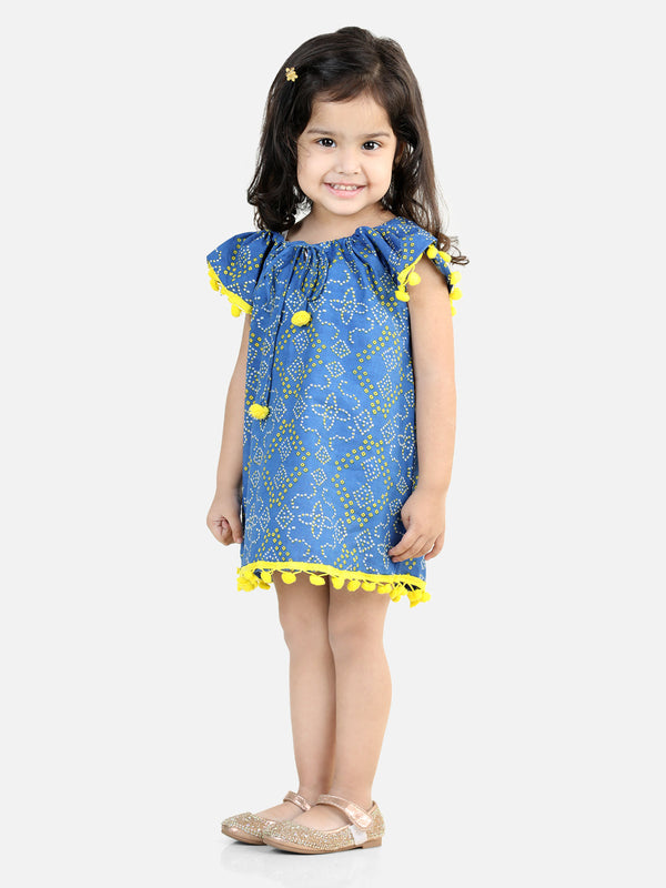100% Cotton Printed with Pompom Jhabla Frock for Girls- Blue | WOMENSFASHIONFUN.