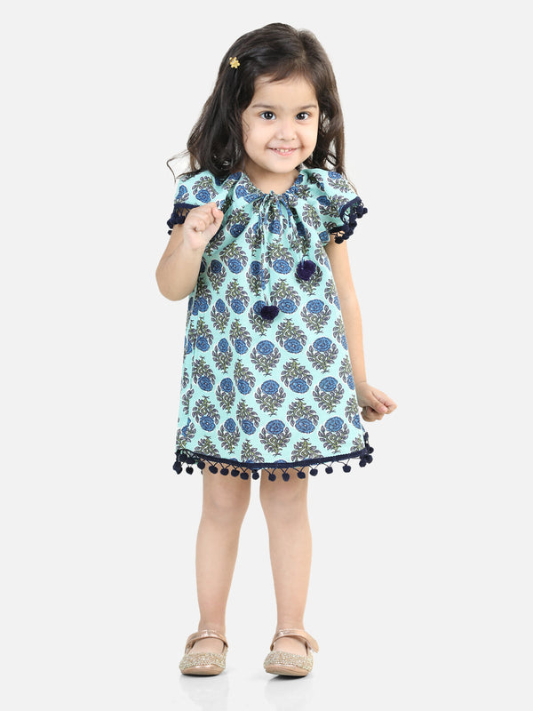 100% Cotton Printed with Pompom Jhabla Frock for Girls- Light Blue | WOMENSFASHIONFUN.