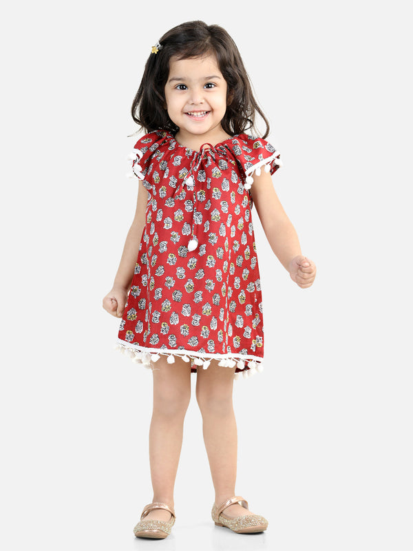 100% Cotton Printed with Pompom Jhabla Frock for Girls- Maroon | WOMENSFASHIONFUN.