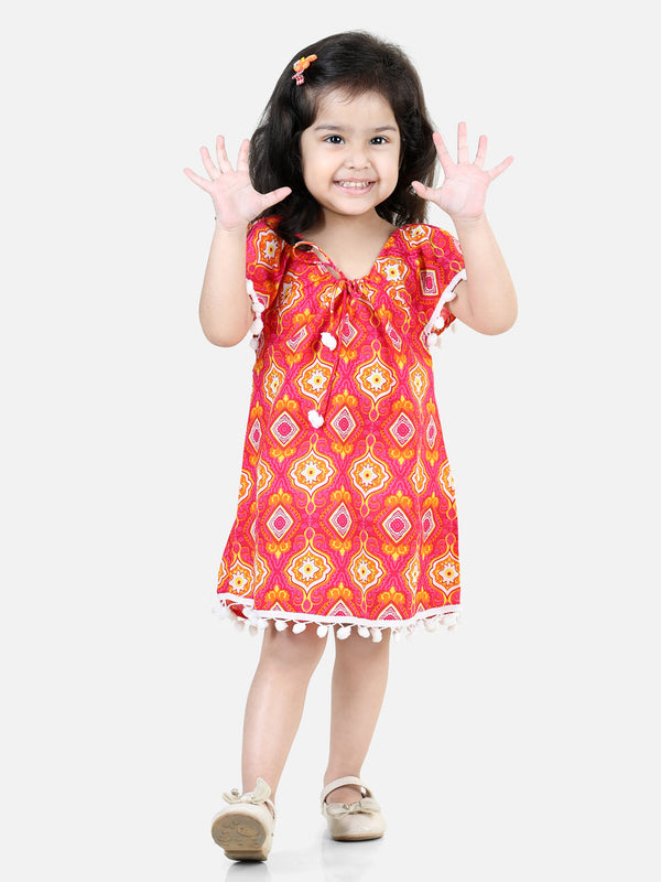 100% Cotton Printed with Pompom Jhabla Frock for Girls- Pink | WOMENSFASHIONFUN.