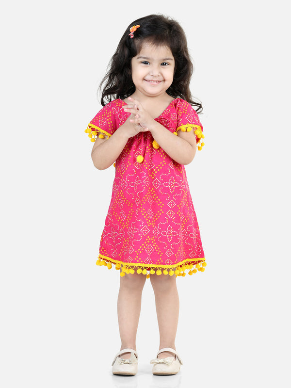 100% Cotton Printed with Pompom Jhabla Frock for Girls- Pink | WOMENSFASHIONFUN.