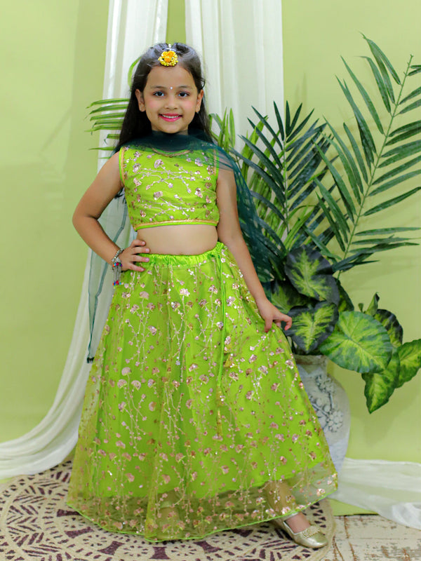 Girls Ethnic  Festive  and Wedding Wear Sequin Party Lehenga Choli With Dupatta for -Green | WomenFashionFun