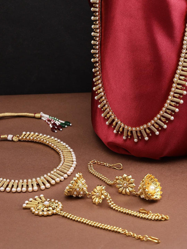 2 Gold-Plated Pearls Necklaces With Jhumki & Maangtika | WOMENSFASHIONFUN