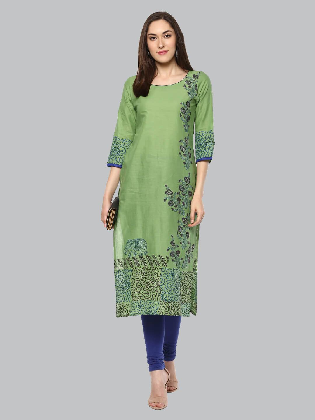 Pastel Green & Blue Ajrakh Hand Block Cotton Printed Straight Kurta - Inayat