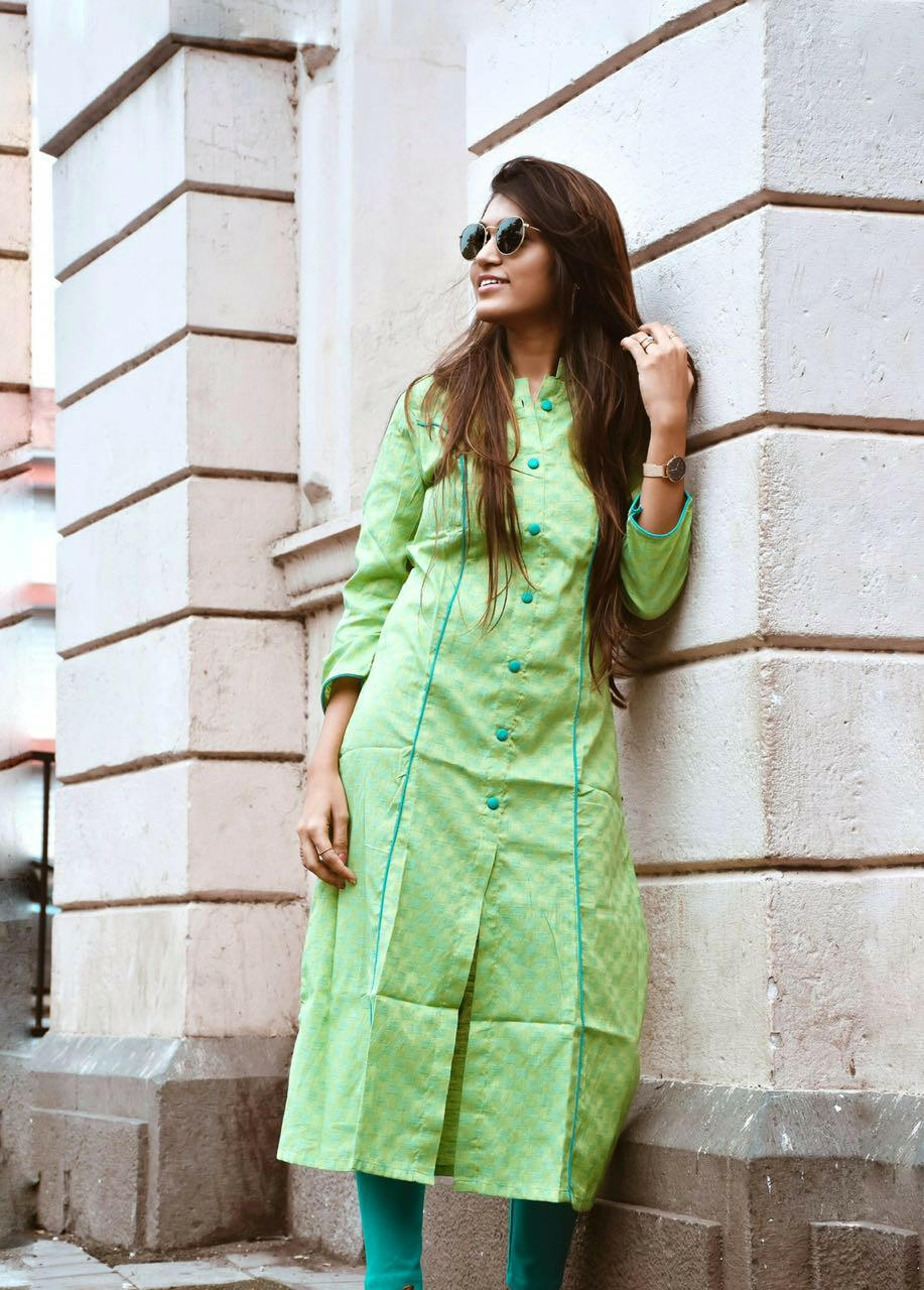 Green-Coloured, Woven Design A-Line Kurta - womensfashionfun