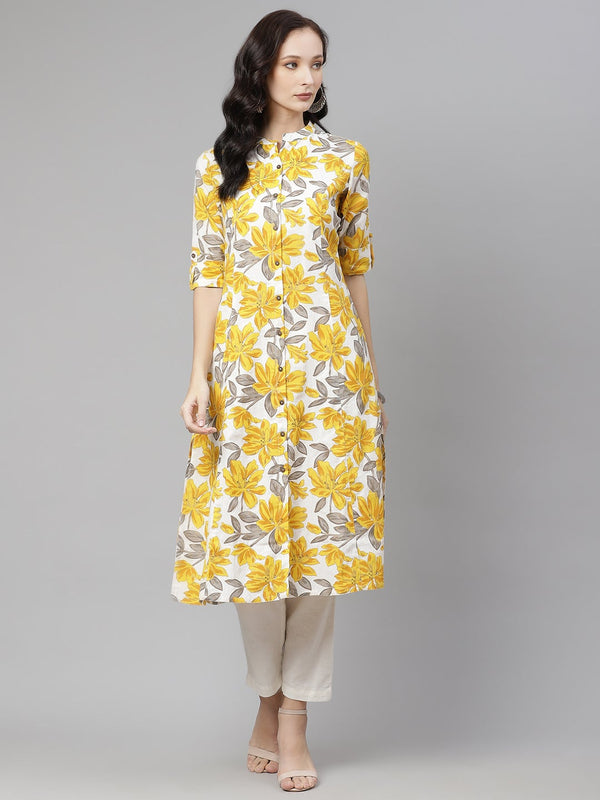 Yellow Floral Print Pure Cotton A-line Kurta | WomensFashionFun