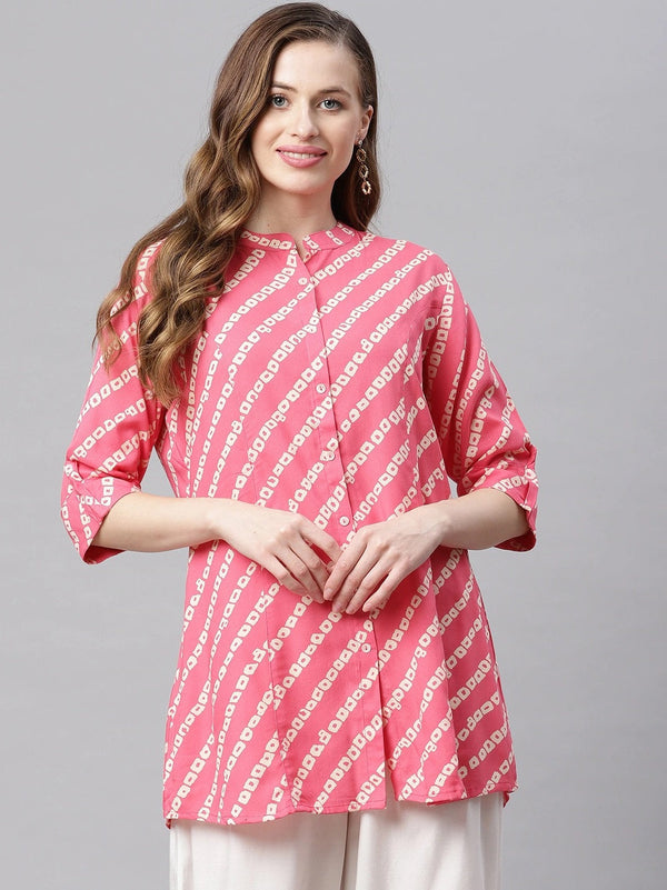 Pink Bandhani Rayon A-line Shirt Style Top | WomensFashionFun