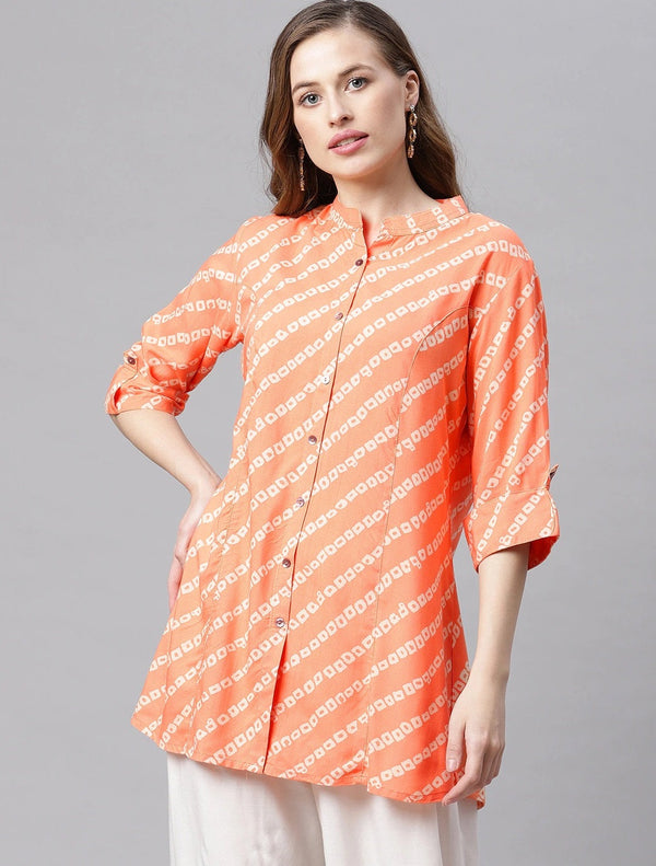 Orange Bandhani Rayon A-line Shirt Style Top | WomensFashionFun