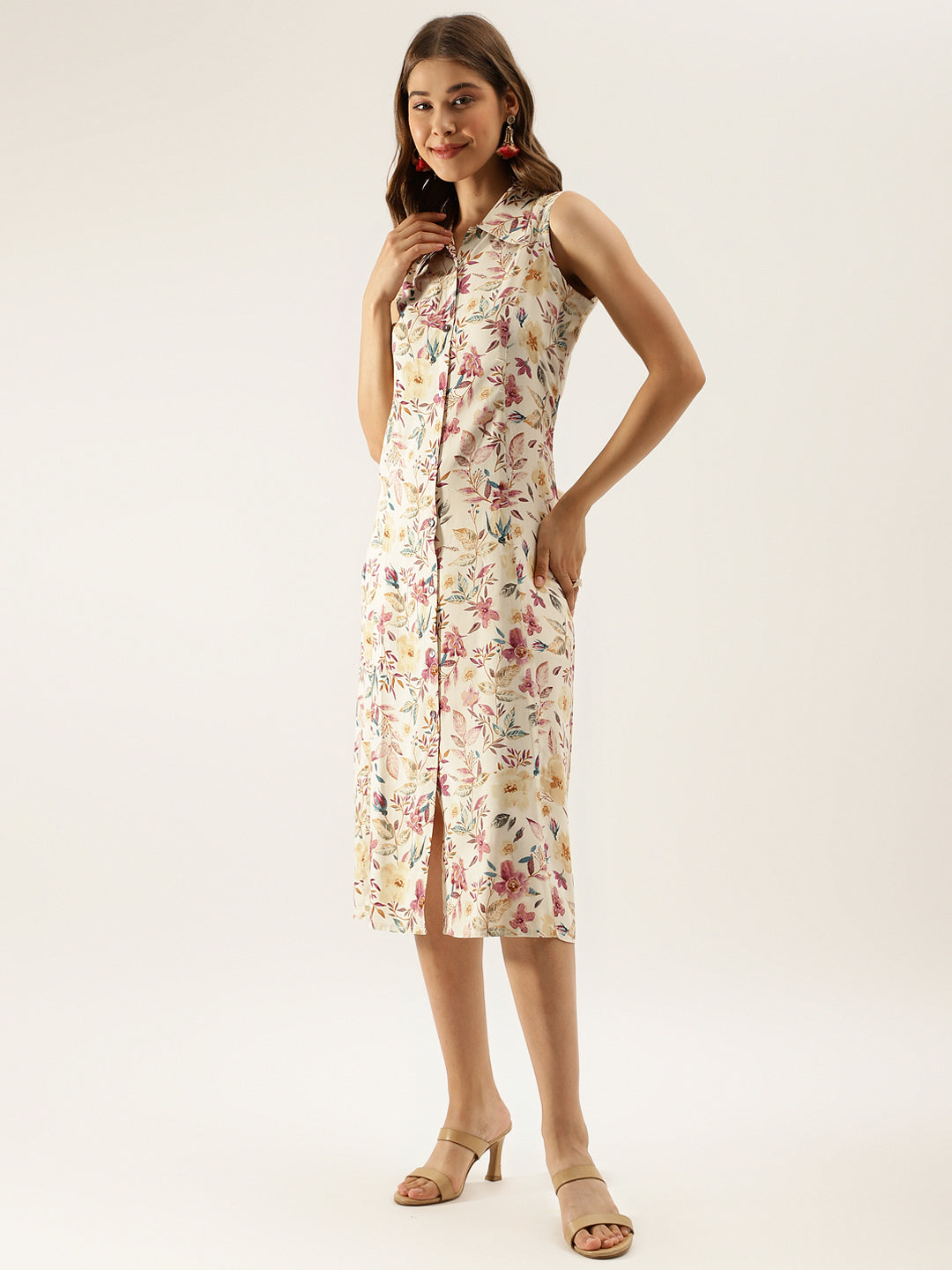 Women Cream Floral Printed Rayon Midi Dress with attached Sleeves