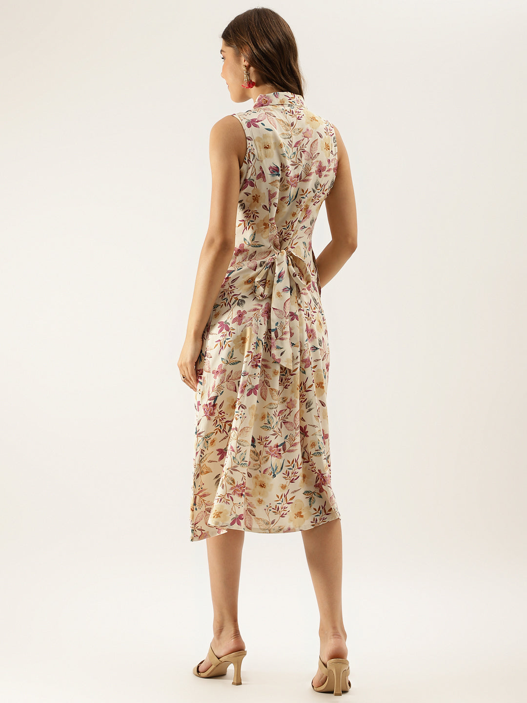 Women Cream Floral Printed Rayon Midi Dress with attached Sleeves