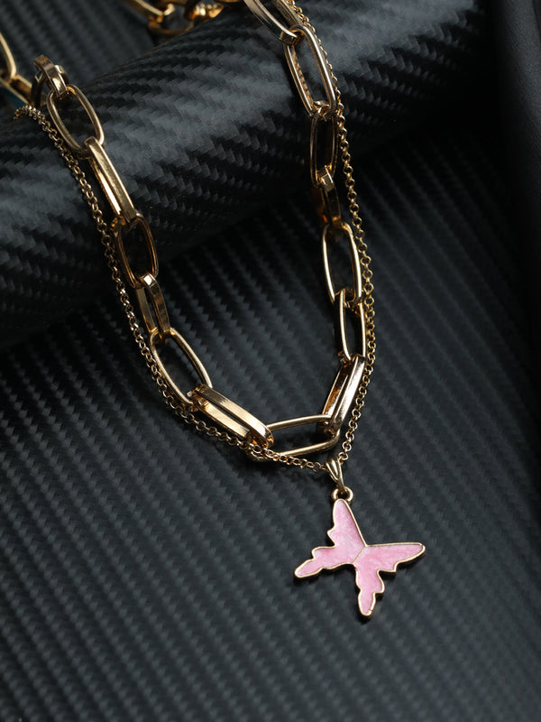 Pink Butterfly Linked Layered Necklace | WOMENSFASHIONFUN