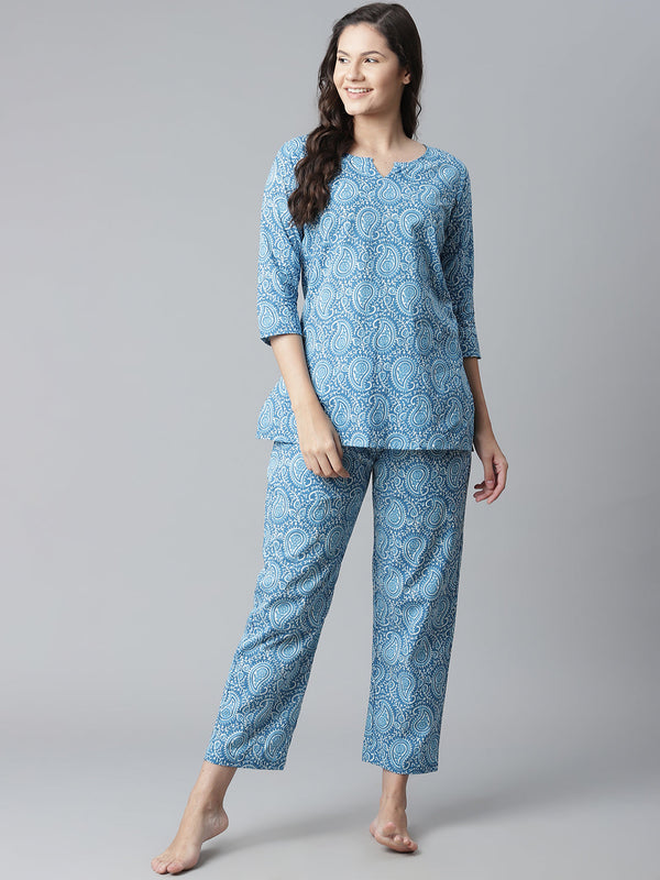 Blue Printed Cotton Nightwear | WomensFashionFun