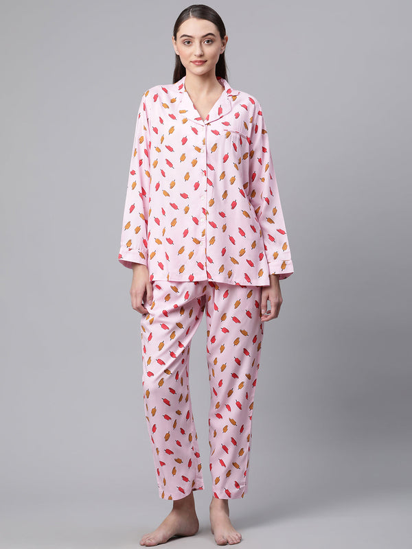 Women Pink Floral Print Rayon Night suit - WomensFashionFun