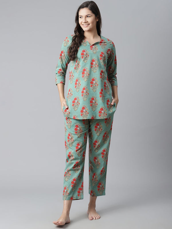 Green Floral Print Cotton Nightwear | WomensFashionFun
