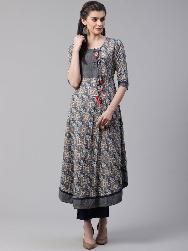 Blue And Grey Cotton Anarkali