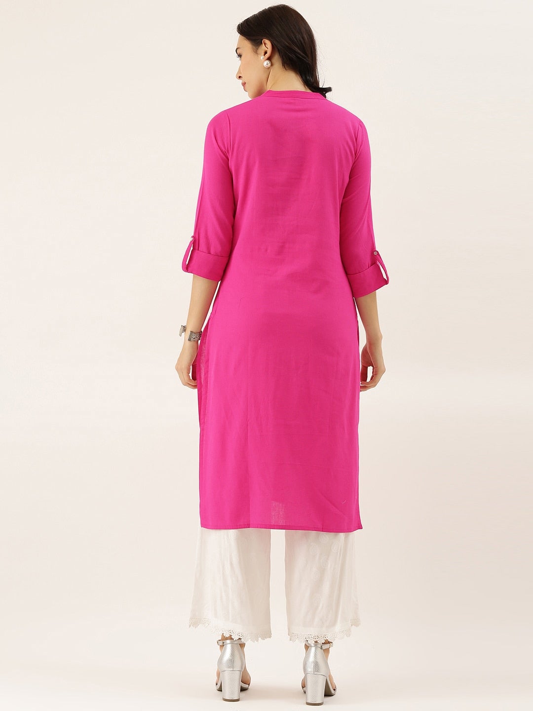 Pink Solid Straight Roll up Sleeve Kurti