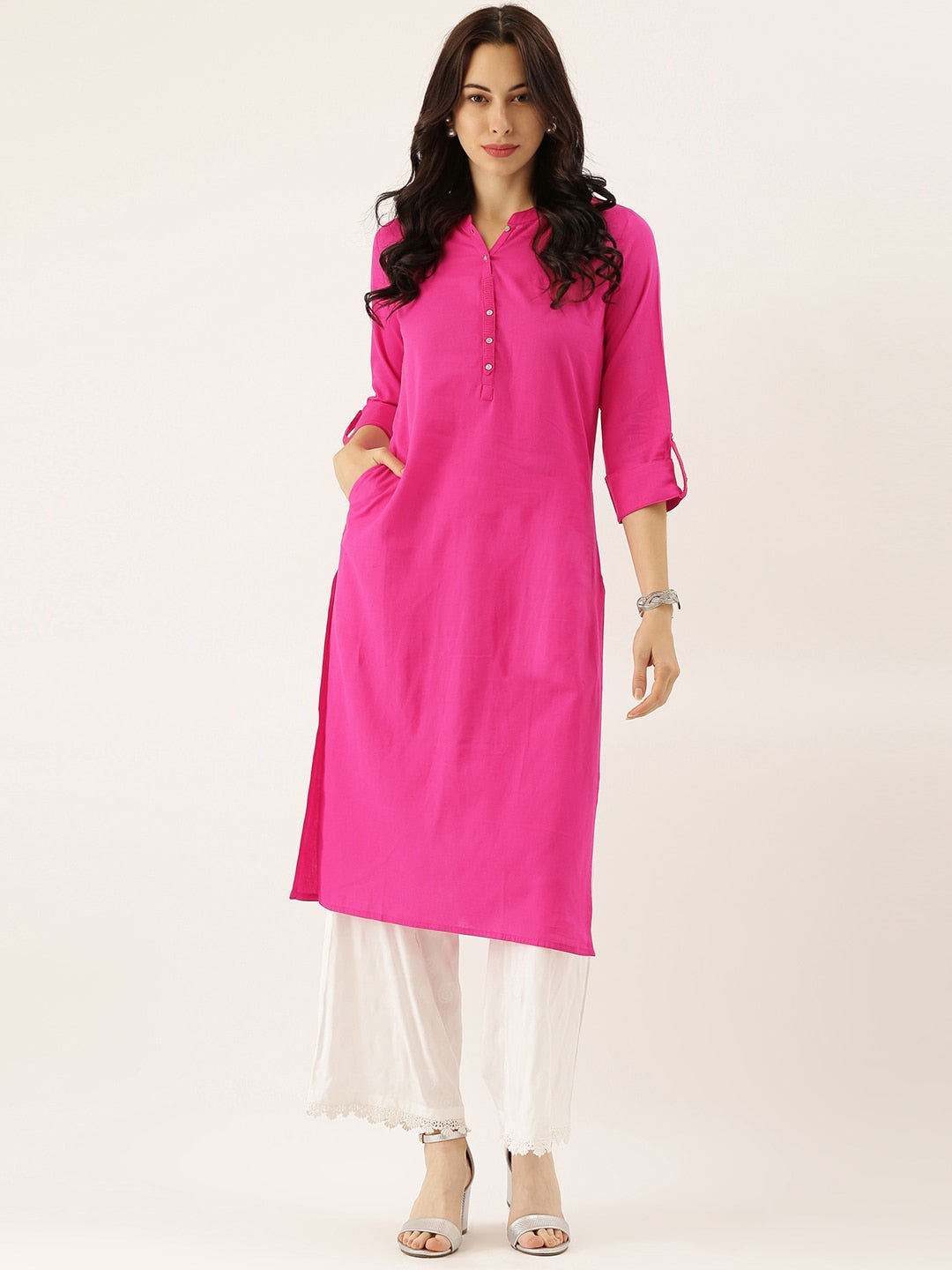 Pink Solid Straight Roll up Sleeve Kurti