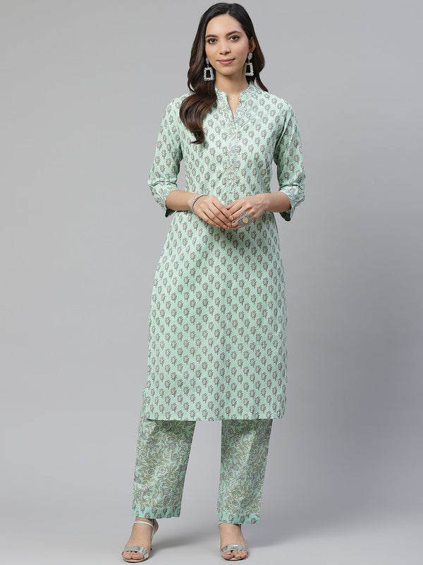 Sea Green Cotton Printed Kurti Pant Set Plus size | WOMENSFASHIONFUN