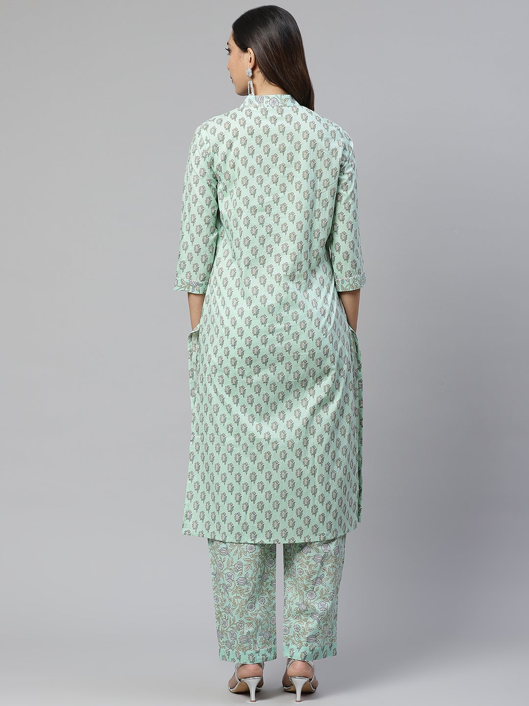 Sea Green Cotton Printed Kurti Pant Set Plus size