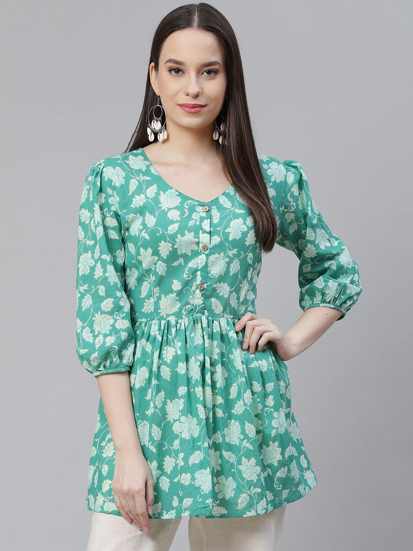 Sea green Floral Printed Peplum Cotton top | WomensFashionFun