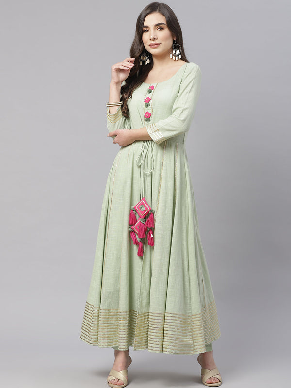 Pastel Green Flaired Cotton kurta with pants | WOMENSFASHIONFUN