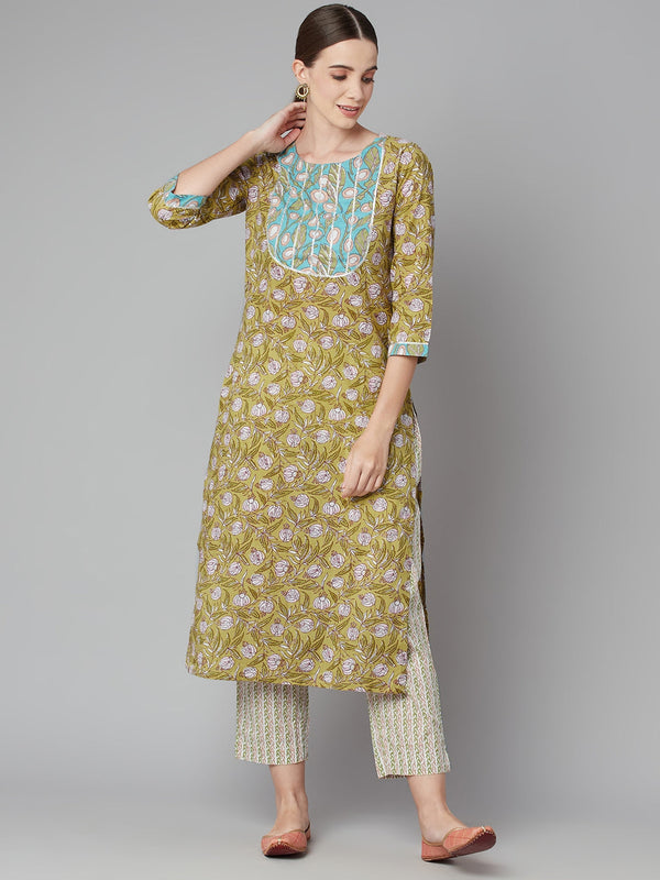 Pastel green Floral Printed Cotton kurta Pant Set | WOMENSFASHIONFUN