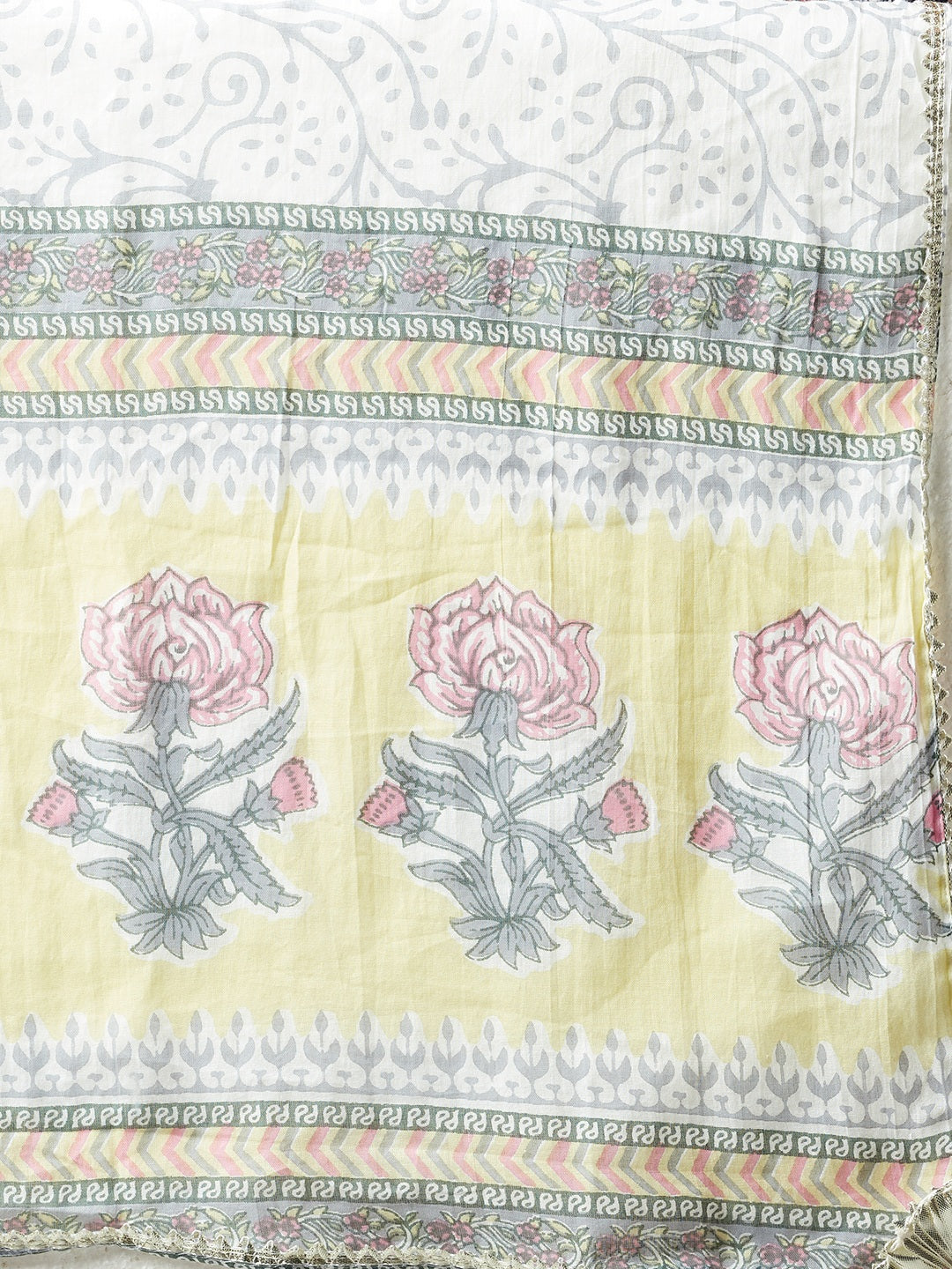 Yellow Floral Printed Cotton Kurta pant set with Dupatta