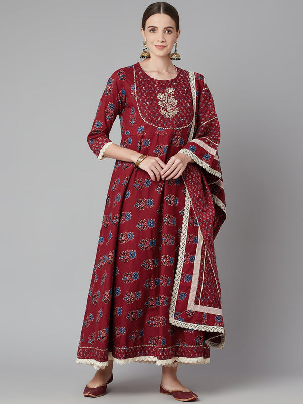 Red Floral Anarkali Cotton Kurta pant set with dupatta | WOMENSFASHIONFUN