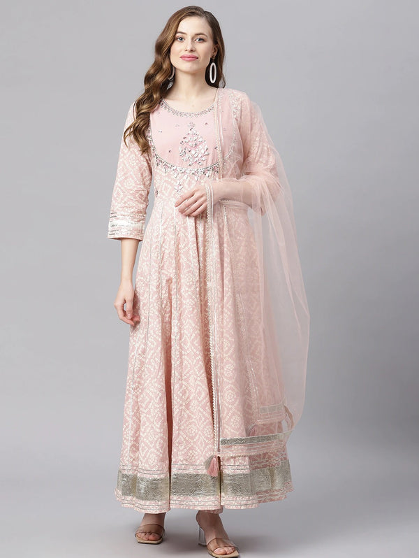 Light Pink Cotton Anarkali Gown Pant set with Net Dupatta | WOMENSFASHIONFUN