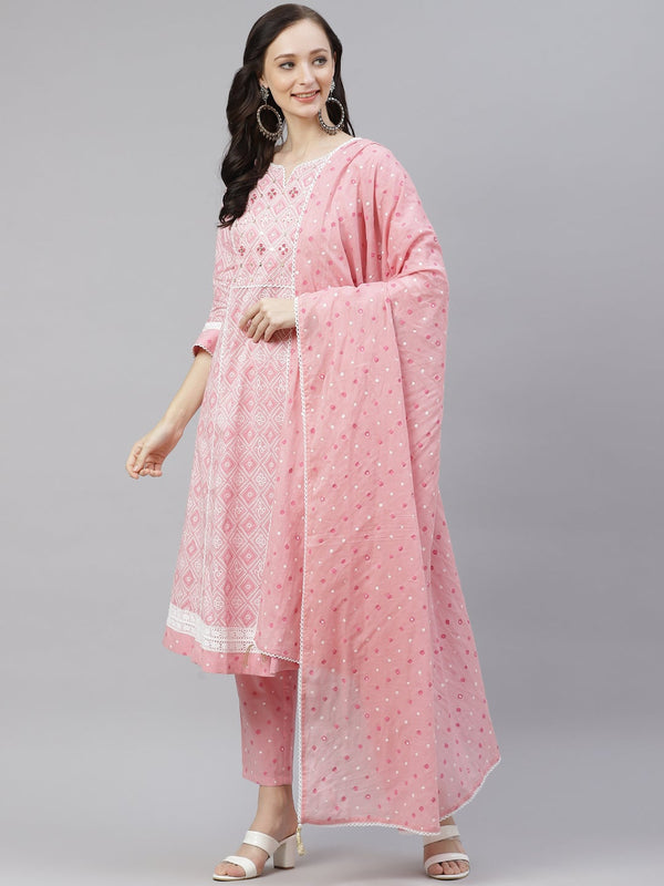 Pink Cotton A-line  kurta Pant set with Dupatta | WOMENSFASHIONFUN